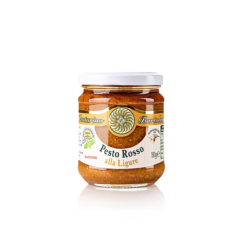 Pesto Rosso, Sauce au basilic, aux tomates et aux noix, Venturino, 180 g - Délicieux pesto fruité à base de basilic, d'huile d'olive, de tomates, d'ail, de noix de cajou, de noix, de pignons et de fromage, parfait pour les pâtes et les plats principaux ou à tartiner sur des crostini