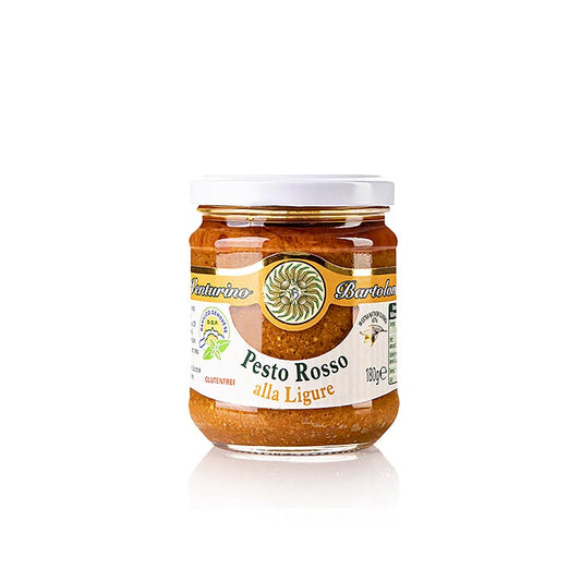 Pesto Rosso, Sauce au basilic, aux tomates et aux noix, Venturino, 180 g - Délicieux pesto fruité à base de basilic, d'huile d'olive, de tomates, d'ail, de noix de cajou, de noix, de pignons et de fromage, parfait pour les pâtes et les plats principaux ou à tartiner sur des crostini