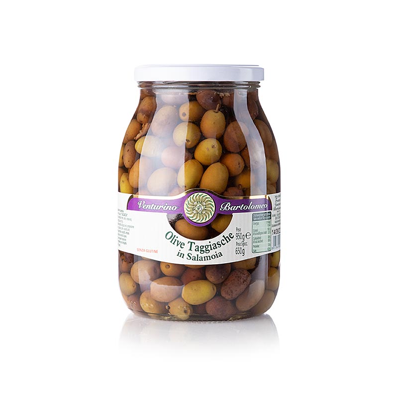 Mélange d'olives, olives Taggiasca vertes & noires, en saumure, avec thym, laurier et romarin, Venturino, 950 g