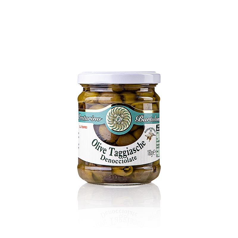 Olives marinées Mélange d'olives vertes et noires Taggiasca dans de l'huile d'olive extra vierge avec du sel, du thym, du laurier et du romarin, Venturino, 180 g