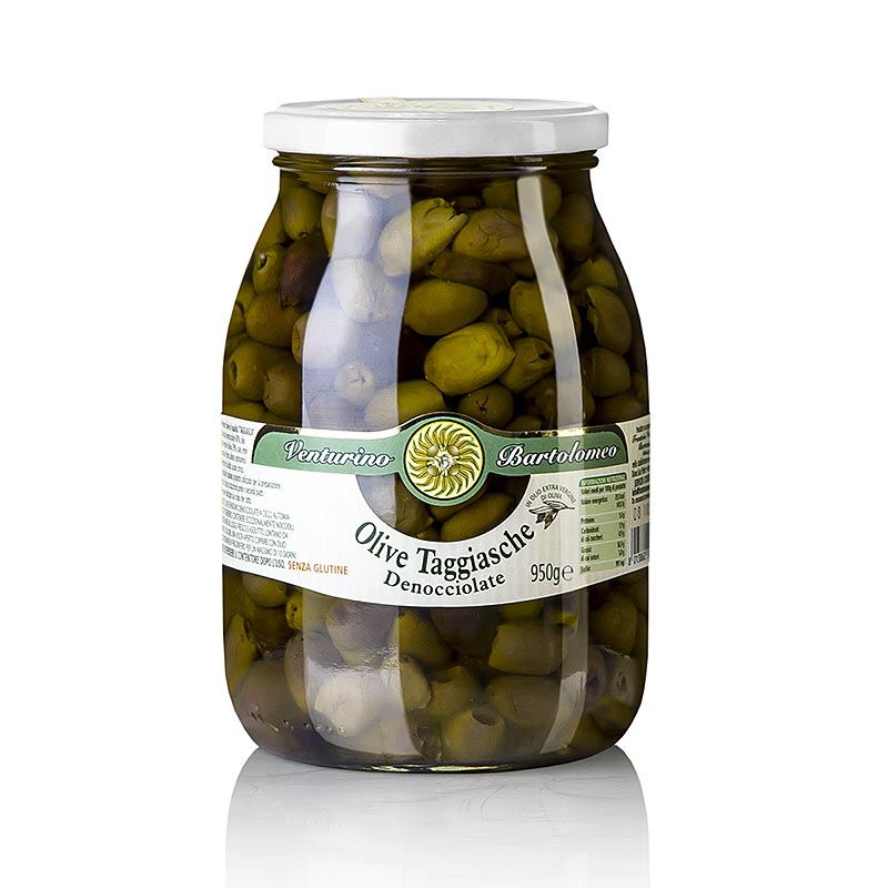Mélange d'olives vertes et noires dénoyautées de la Taggiasca dans de l'huile d'olive extra vierge, avec du sel, du thym, du laurier et du romarin.