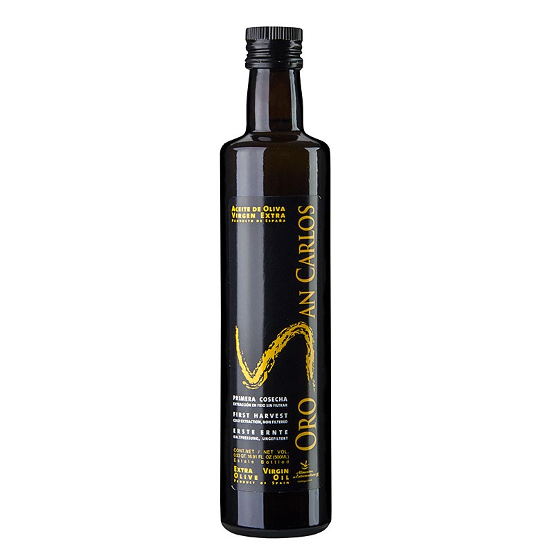 Huile d'olive vierge extra, Pago Baldios Oro San Carlos, Arbequina & Cornicabra, 500 ml - Huile d'olive de qualité supérieure, plusieurs fois primée, au goût fruité vert et aux notes mûres, convient aux plats non cuits et aux créations de salades.