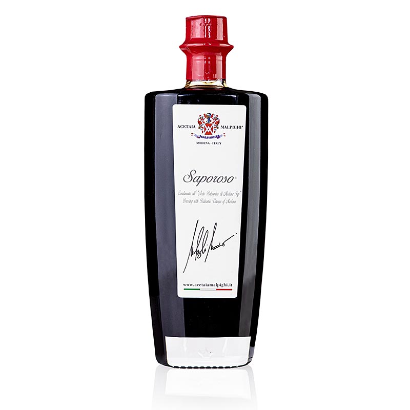Balsamico Condiment Saporoso, 6 ans, fûts de chêne et d'acacia, Malpighi, 500 ml - Condiment balsamique de haute qualité de 6 ans de Malpighi, vieilli en fûts de chêne et d'acacia, parfait pour les légumes, les viandes rôties ou le gibier