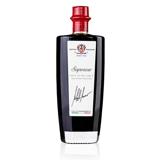 Balsamico Condiment Saporoso, 6 ans, fûts de chêne et d'acacia, Malpighi, 500 ml - Condiment balsamique de haute qualité de 6 ans de Malpighi, vieilli en fûts de chêne et d'acacia, parfait pour les légumes, les viandes rôties ou le gibier