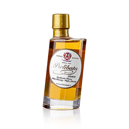 Balsamico Bianco Condiment Riserva, 8 ans, fût de frêne, Malpighi, 200 ml - Vinaigre balsamique de qualité supérieure de Modène, Italie, parfait pour les plats de poisson et les fruits frais