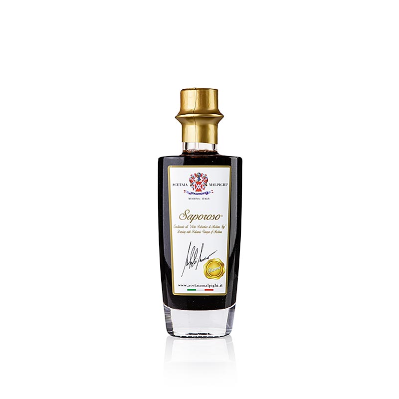 Vinaigre balsamique Condiment Saporoso Riserva de Malpighi, 100 ml, 8 ans de maturation en bois de chêne & d'acacia, idéal pour accompagner les légumes et les plats de viande