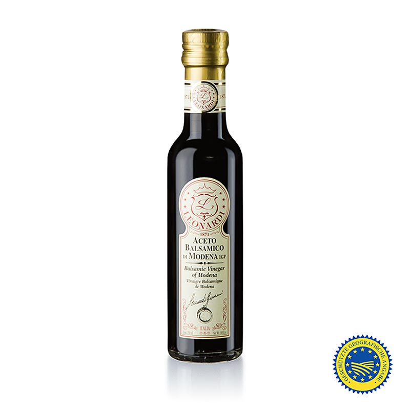 Leonardi - Aceto Balsamico di Modena IGP/ggA, Classico, 2 ans, 250 ml - Vinaigre balsamique italien traditionnellement vieilli, aigre-doux en équilibre harmonieux, certifié IGP/BGA, conditionné dans une élégante bouteille de 250 ml Idéal pour une utilisation quotidienne et les grandes occasions Ajoutez le raffinement italien à vos plats et savourez le goût incomparable de Leonardo