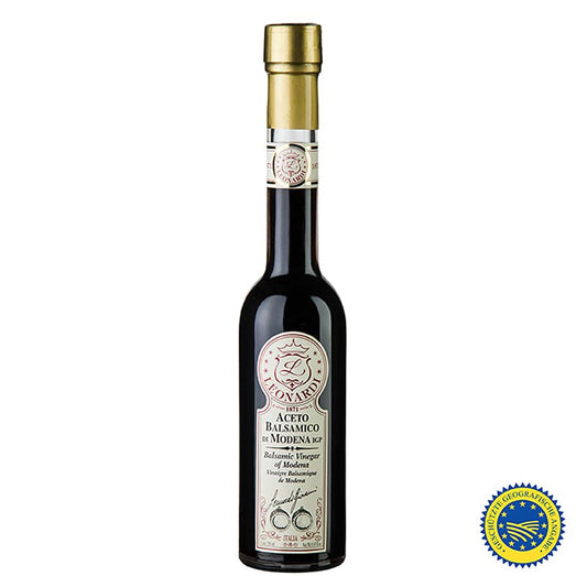 Bouteille de Leonardi - Aceto Balsamico di Modena IGP/ggA, 5 ans, 250 ml, idéal pour les salades délicates et les sauces fines, avec un mélange équilibré de notes pétillantes et douces.