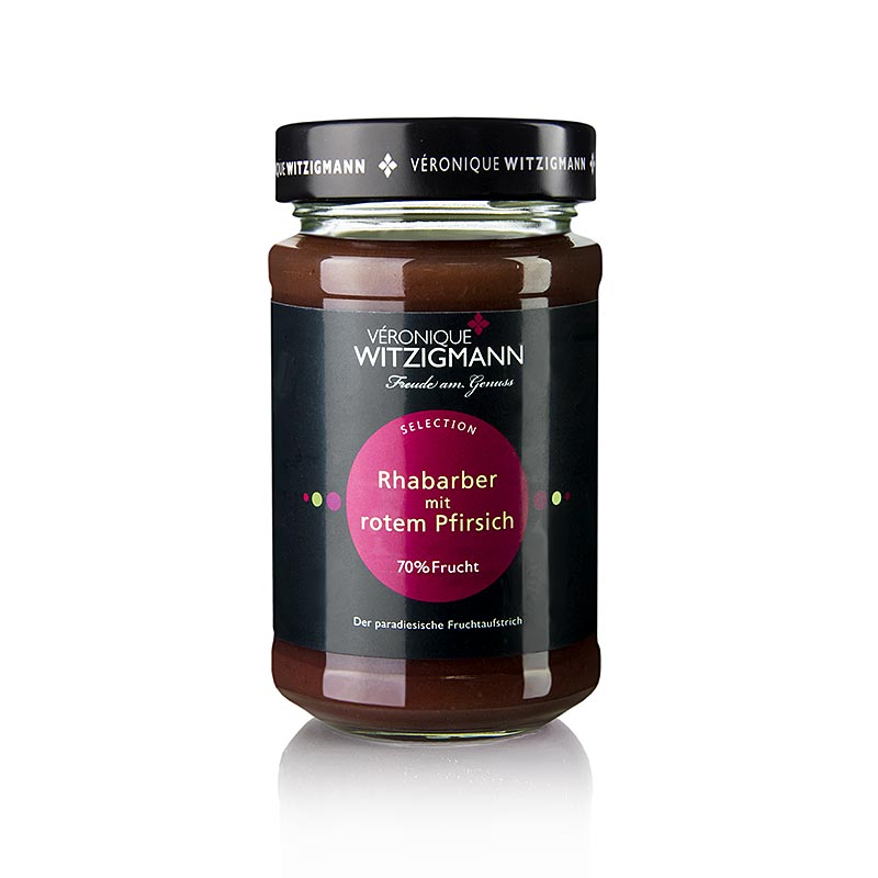 Pâte à tartiner à base de rhubarbe rouge douce et d'arôme de pêche rouge, cuisinée à la main par Véronique Witzigmann.
