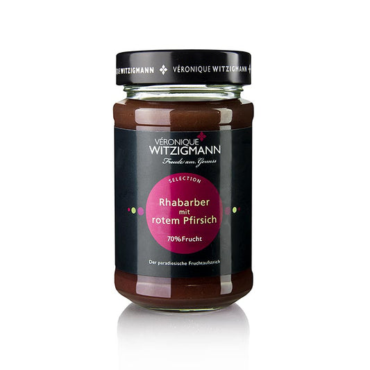 Pâte à tartiner à base de rhubarbe rouge douce et d'arôme de pêche rouge, cuisinée à la main par Véronique Witzigmann.