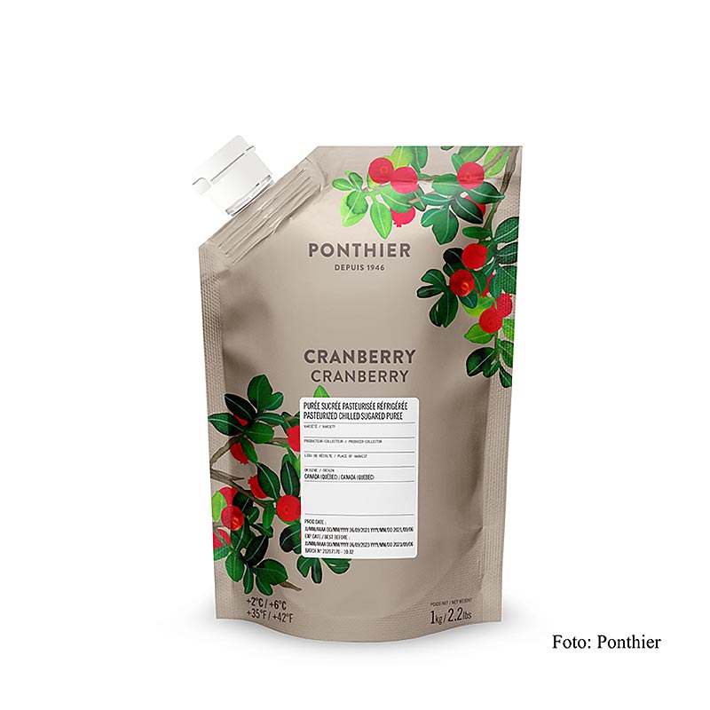 Purée de fruits aux cranberries, 1 kg, couleur intense et goût authentique, idéal pour les tartes, pâtisseries, desserts et glaces