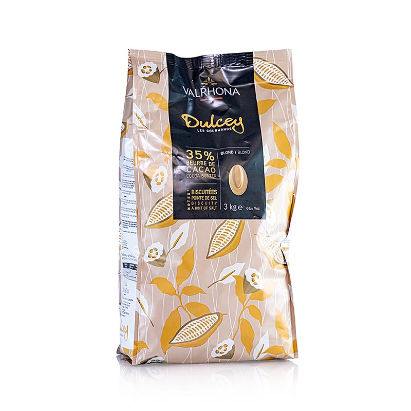Valrhona Dulcey, couverture blonde, Callets, 35% cacao, 3 kg - Chocolat blond crémeux à la douceur biscuitée et aux notes de sablé et de sel, idéal pour le caramel, le café, les noisettes et les fruits jaunes Développé par un heureux hasard à l'Ecole du Grand Chocolat Valrhona