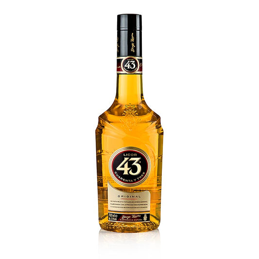 Bouteille de liqueur Licor 43 Cuarenta y Tres d'une teneur en alcool de 31 % et d'un volume de 700 ml sur fond blanc