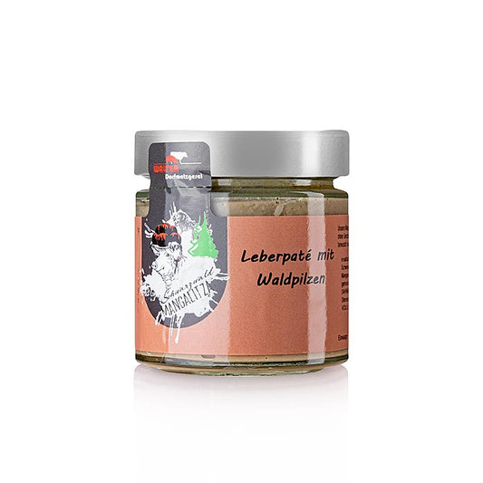 Pâté de foie aux champignons des bois, cochon laineux Mangaliza, 150 g - Pâté de viande et de foie traditionnel aux champignons des bois aromatiques, fabriqué à partir de viande et de foie frais de cochon laineux, affiné avec du sel gemme, des épices et du Marsala dans la boucherie de village badoise Walter