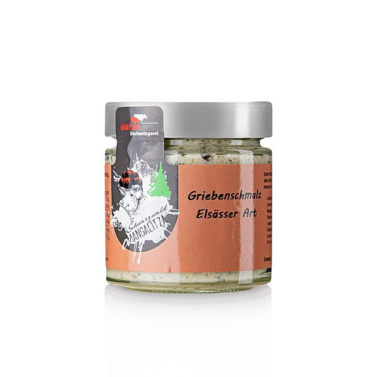 Gretschmalz Elsässer Art, Mangalitza Wollschwein, 140 g - Spécialité artisanale au goût unique et à la consistance crémeuse, fabriquée à partir du lard et de la panne du porc laineux qui vit en liberté toute l'année.
