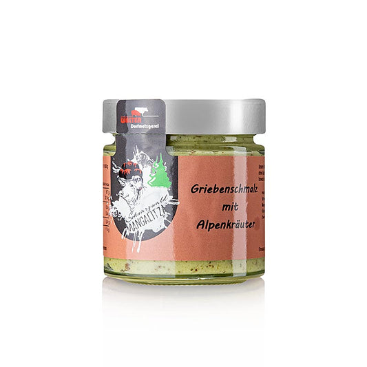 Saindoux aux herbes des Alpes, porc laineux Mangalitza, 140 g - spécialité traditionnelle à base de graisse de porc laineux avec sel gemme, cretons, calendula et épices, fabriquée dans la boucherie villageoise badoise Walter