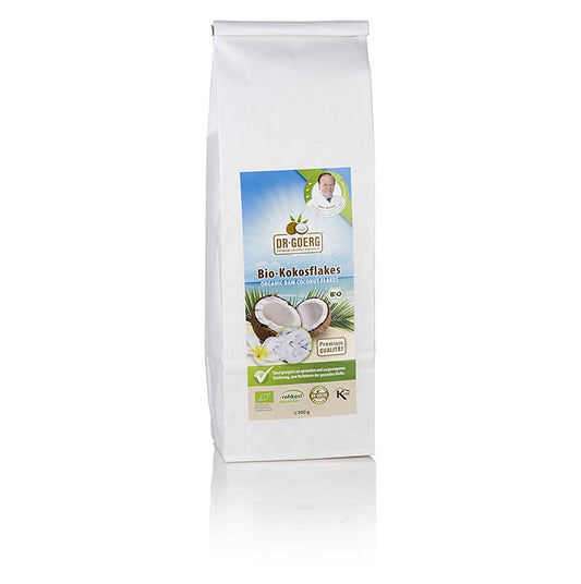 Copeaux de noix de coco bio du Dr Goerg, grossiers et délicieux, idéaux pour la pâtisserie et la décoration de plats sucrés et salés, produit BIO de première qualité à base de noix de coco des Philippines mûries au soleil, sans autre additif