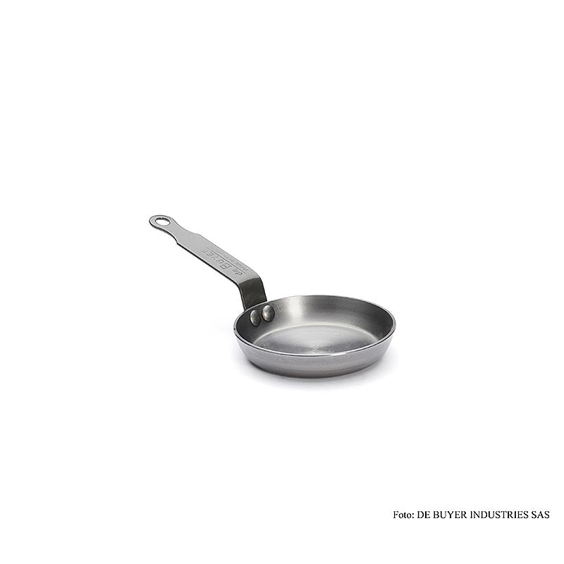 Poêle en fer pour blinis ø 12cm, 2,5cm de haut, en 99% de fer avec traitement final à la cire d'abeille, protection anti-oxydation naturelle, poignée rivetée, sans PFAO ni PTFE, convient à toutes les plaques de cuisson