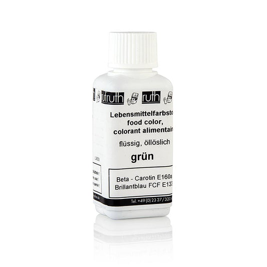 Colorant alimentaire, vert, liquide, soluble dans la graisse, Ruth (7703a), 90 g - Colorant très concentré résistant à la chaleur pour colorer le sucre, la pâte d'amande, le fondant, les confiseries et les gâteaux jusqu'à 150°C