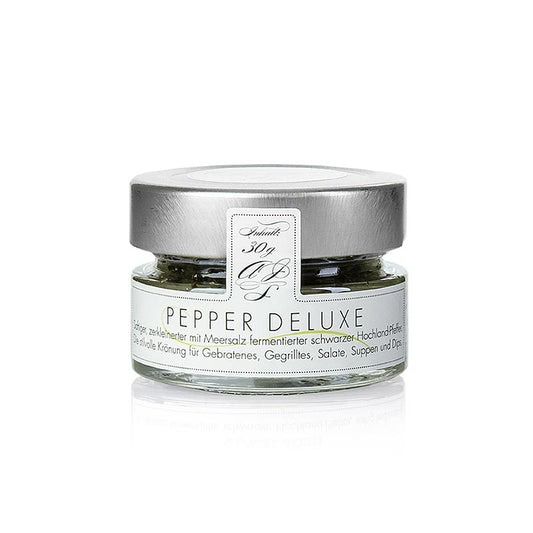 Poivre noir fermenté au sel marin, concassé, PEPPER DELUXE, 30 g - épice de qualité supérieure, sélectionnée à la main, dans un emballage pratique