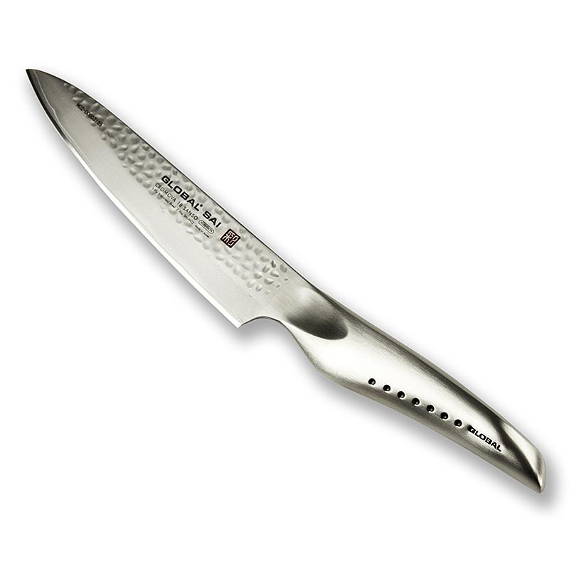 Global SAI-M02 Couteau universel au design martelé et au manche ergonomique Fabriqué en matériau Cromova 18 Sanso et en acier SUS419 Aspect martelé fait main pour un bel aspect de la lame et une utilisation pratique
