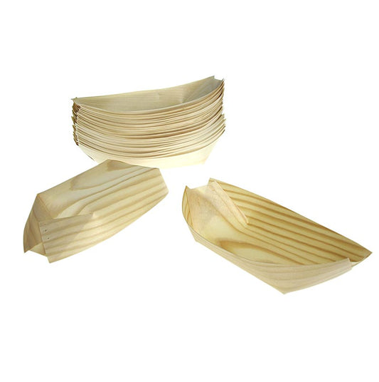 Bateau jetable en bois flexible pour fingerfood et flying buffet, résistant à la chaleur jusqu'à 180° C, 50 pièces