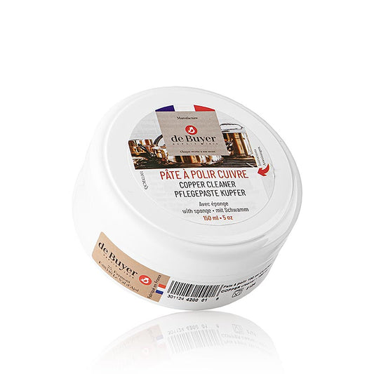 Pâte de nettoyage et d'entretien pour poêles et casseroles en cuivre, 150 ml, avec éponge Élimine la graisse et la saleté, redonne au cuivre son éclat Vitrifie la surface, fait perler l'eau Utilisation recommandée avec des gants en caoutchouc