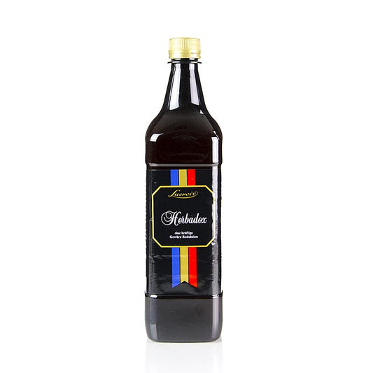 Concentré de condiments Herbadox, 1 l - Une réduction puissante d'herbes et d'épices pour la viande, le poisson et les salades, fabriquée à partir de vinaigre de vin, d'oignons, d'extraits de viande, de sucre, de sirop de glucose, de sel, de poivre, de protéines de lait et d'huile d'estragon.