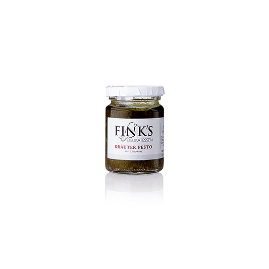 Pesto aux herbes et au citron vert, Fink's Delikatessen, 80 g - Pesto rafraîchissant, épicé et léger, fabriqué à Walkersdorf, au cœur de la région fruitière de Styrie, sur des sols riches en minéraux et sur des roches volcaniques, cultivé à partir d'anciennes variétés de fruits précieuses comme le mashansker, le kriecherln, les pruneaux domestiques ou la pêche de vigne, afin de préserver le goût pur et puissant de la nature.