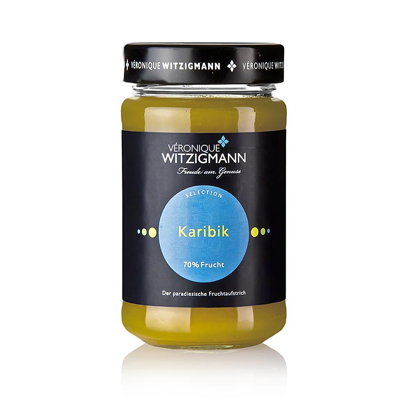 Pâte à tartiner aux fruits des Caraïbes - Pâte à tartiner aux fruits, 225 g - Un mélange de pêche, d'ananas et de fruit de la passion affiné avec des épices délicates, sélectionné à la main par Véronique Witzigmann et cuit avec ménagement.