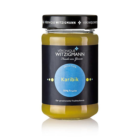 Pâte à tartiner aux fruits des Caraïbes - Pâte à tartiner aux fruits, 225 g - Un mélange de pêche, d'ananas et de fruit de la passion affiné avec des épices délicates, sélectionné à la main par Véronique Witzigmann et cuit avec ménagement.