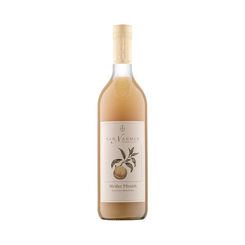 Image d'une bouteille de 750 ml de nectar de pêche blanche van Nahmen 50% de jus direct, produit à partir de la variété de pêche blanche, goût corsé, sans additifs ni conservateurs, fabriqué dans l'entreprise de cidrerie et de vinification privée van Nahmen à Hamminkeln en Rhénanie.