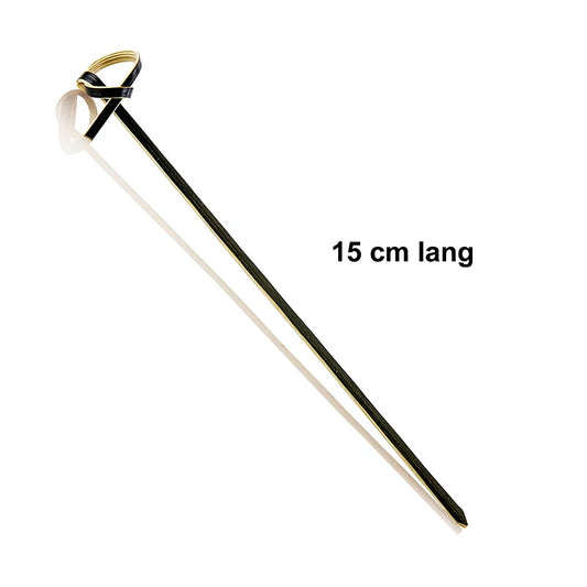 Brochettes en bambou noires fines et filigranes avec bouts noués, idéales pour les fingerfoods et les buffets