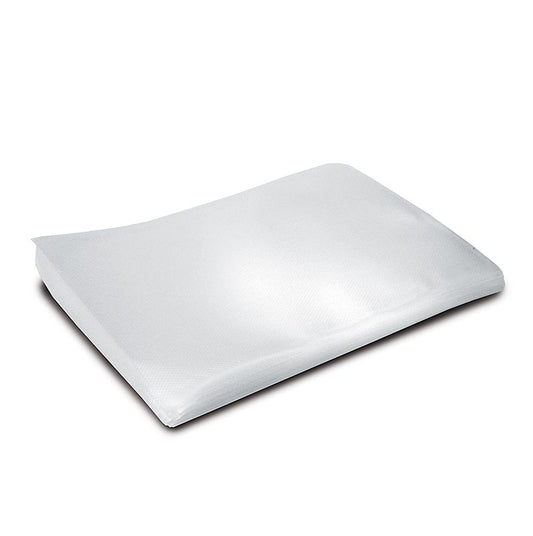 Sachet sous vide à quatre couches avec canaux d'air estampés, résistant à la déchirure et mis sous vide à long terme, protège contre les brûlures de congélation, optimal pour le stockage au réfrigérateur et au congélateur, passe au lave-vaisselle et convient pour les aliments