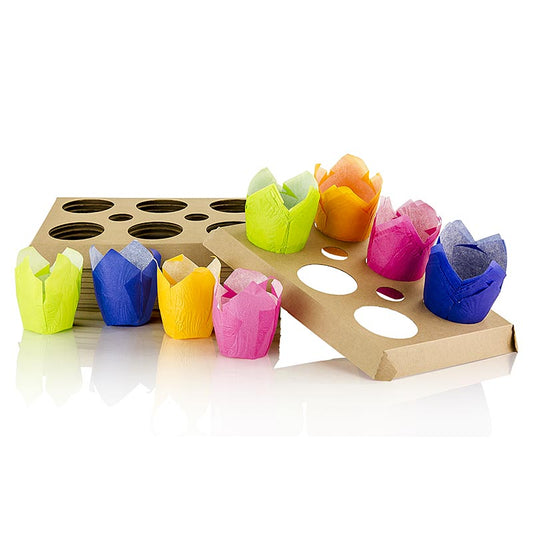 Capsules en papier, formes de tulipes, ca5cm Ø, 4 couleurs, 500 pcs - Capsules en papier colorées en forme de tulipe pour les entrées et les desserts