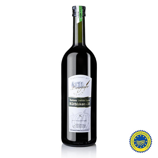 Huile de pépins de courge de Styrie IGP, 100% pure, Berghofer-Mühle, 1 l - Huile de pépins de courge de haute qualité de Styrie, avec appellation d'origine protégée et huile pure, pressée pour la première fois à partir de pépins séchés et sélectionnés à la main
