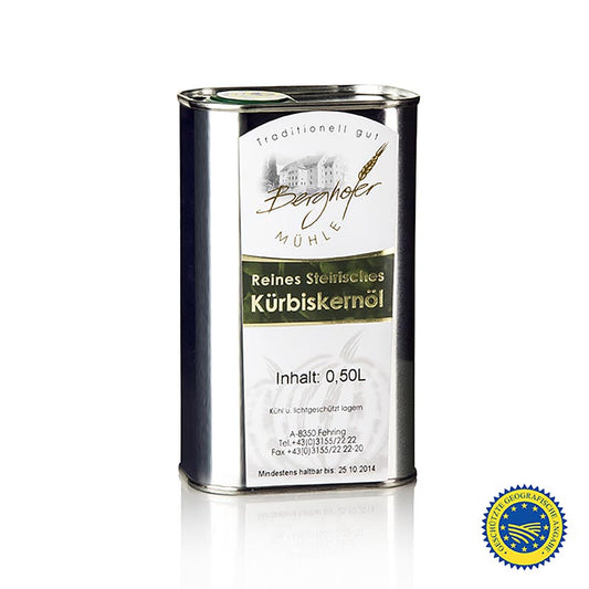 Huile de pépins de courge de Styrie IGP, 100% pure, Berghofer-Mühle, 500 ml - Huile de pépins de courge de haute qualité, purement naturelle, de Styrie