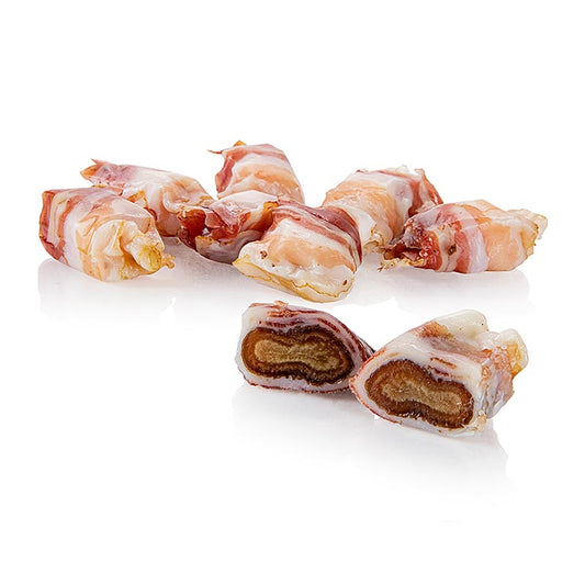 VULCANO Speckdatteln, Premium Speck et dattes, de Styrie, 120 g - Spécialité exclusive de la manufacture de jambon Vulcano, dattes récoltées à pleine maturité enrobées de lard Vulcano coupé très fin
