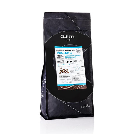 Couverture Vanuari 39% au lait entier de Michel Cluizel, 3 kg, au goût intense, à la note sucrée de caramel et à la consistance lisse et fluide, fabriquée sans additifs et avec des arômes sélectionnés dans la classe de luxe de l'art du chocolat français.