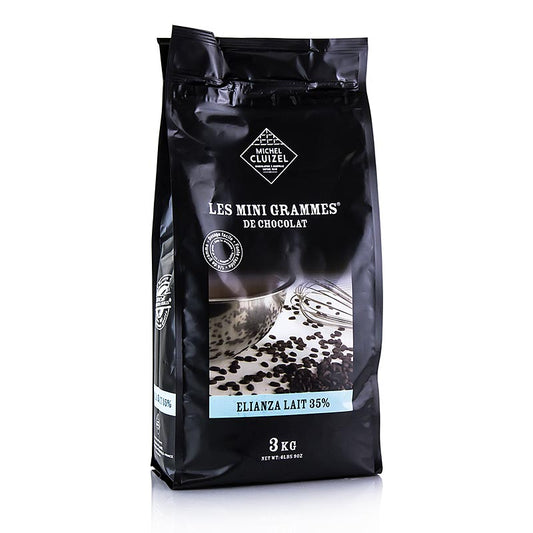 Elianza 35%, Couverture lait entier, Grands Teneurs, Callets, Michel Cluizel, 3 kg - Produit chocolaté avec crème glacée au caramel, beurre salé, cacao torréfié et miel de châtaigne, fabriqué par Michel Cluizel, une entreprise familiale renommée avec plus de 60 ans d'expérience dans l'art du chocolat.