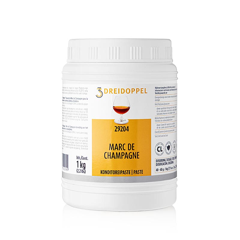 Pâte aromatique Marc de Champagne, triple dose, No292, 1 kg - Pâte aromatique pour affiner les crèmes, la crème, le fromage blanc, les desserts, les pralines, les glaces, les gâteaux et les pâtisseries, avec des ingrédients naturels et du sirop de glucose et de sucre inverti.