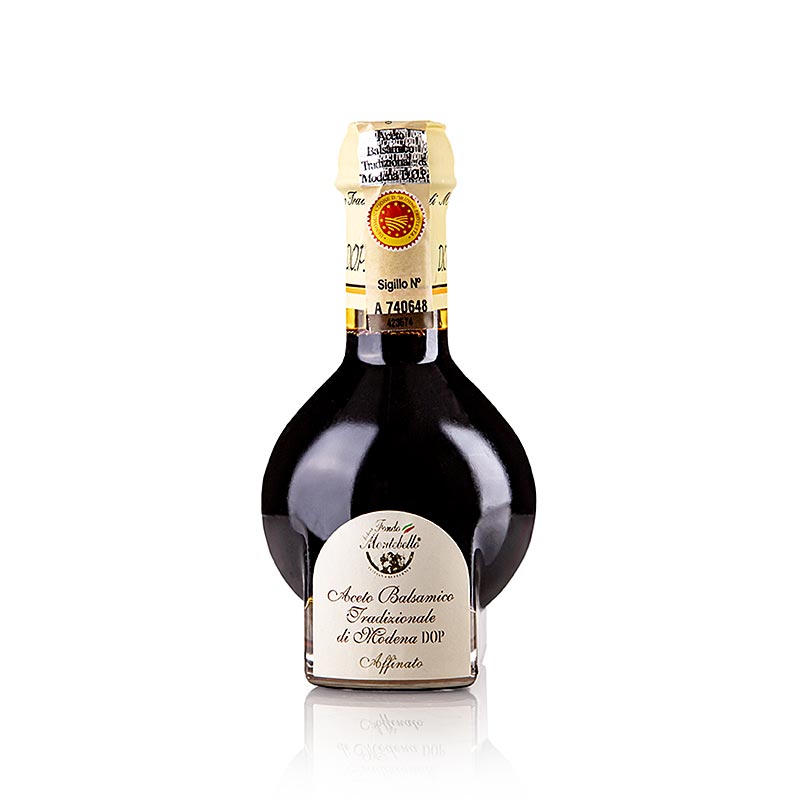 Aceto Balsamico di Modena Tradizionale Affinato DOP/gU, 12 J, 100 ml - Vinaigre balsamique de 12 ans d'âge, au goût complexe et intense, avec des notes de fruits secs et de bois, produit à Modène, en Italie, selon des méthodes traditionnelles Parfait pour agrémenter les salades, les viandes, les poissons et les desserts Contenu : 100ml