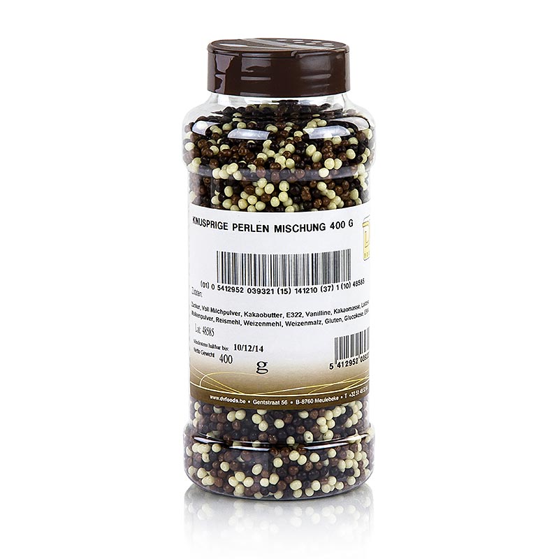 Perles croustillantes enrobées de chocolat blanc, au lait et noir, idéales pour les pâtisseries et les desserts.
