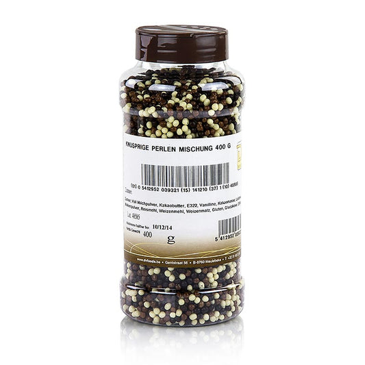 Perles croustillantes enrobées de chocolat blanc, au lait et noir, idéales pour les pâtisseries et les desserts.