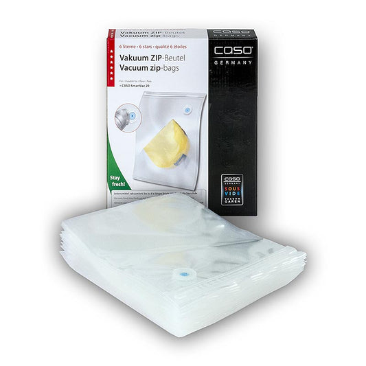 Sachets sous vide Zip, 26x23cm, 20 pcs - Sachets réutilisables, résistants au lave-vaisselle, qualité 6 étoiles, adaptés aux appareils avec adaptateurs ZIP spéciaux, résistants à la déchirure avec structure à fines nervures pour un vide optimal, y compris étiquettes avec code QR pour l'étiquetage et application Food Manger gratuite pour Android et iOS pour une gestion simple des aliments, pour une conservation naturelle et saine sans conservateurs, sans BPA, protège contre les brûlures de congélation et la perte d'arôme, peut être cuit et passé au micro-ondes