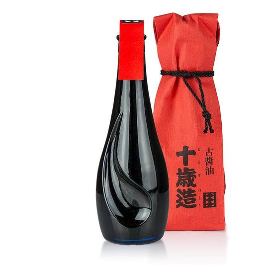 Sauce soja - 10 ans de maturation en fûts de chêne japonais, 180 ml : goût intense et consistance plus dense après 10 ans de maturation en fûts de chêne, idéale pour le sashimi, le yakitori et les plats de viande
