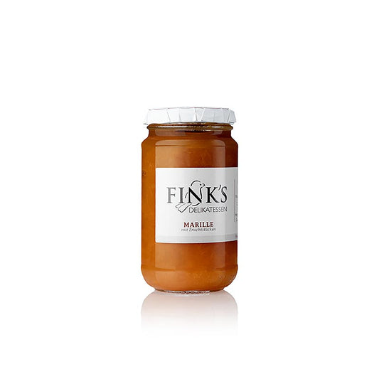 Confiture légère d'abricots avec des morceaux de fruits entiers, produite par Fink's Echte Delikatessen à Walkersdorf, entourée de terres fruitières styriennes et cultivée sur des sols riches en minéraux sur des roches volcaniques.