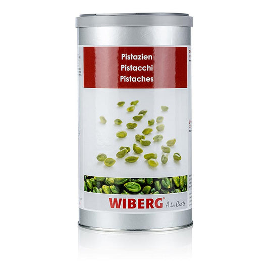 Close up d'un paquet de 800 g de pistaches décortiquées Wiberg, montrant des pistaches décortiquées d'une couleur verte vibrante et d'un arôme frais et noisette.