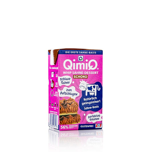 QimiQ Whip chocolat, crème dessert à fouetter à froid, 16% de matières grasses, 250 g - aérosol pratique, parfait pour décorer les desserts, les gâteaux et les pâtisseries, consistance crémeuse et goût intense de chocolat, produit indispensable pour les cuisiniers amateurs et les amateurs de bonbons