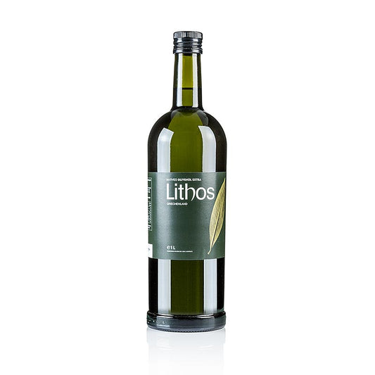 Huile d'olive extra vierge, Lithos, Péloponnèse, 1 l - Huile d'olive fruitée et fraîche, obtenue à partir d'olives à demi mûres et intactes, avec une note finement fruitée, légèrement herbacée et élégante, ainsi qu'une bonne épice et un arrière-goût poivré. Distinguée comme l'une des trois meilleures huiles d'olive de Grèce par le magazine Gourmet & Wein 'Weinwelt'.